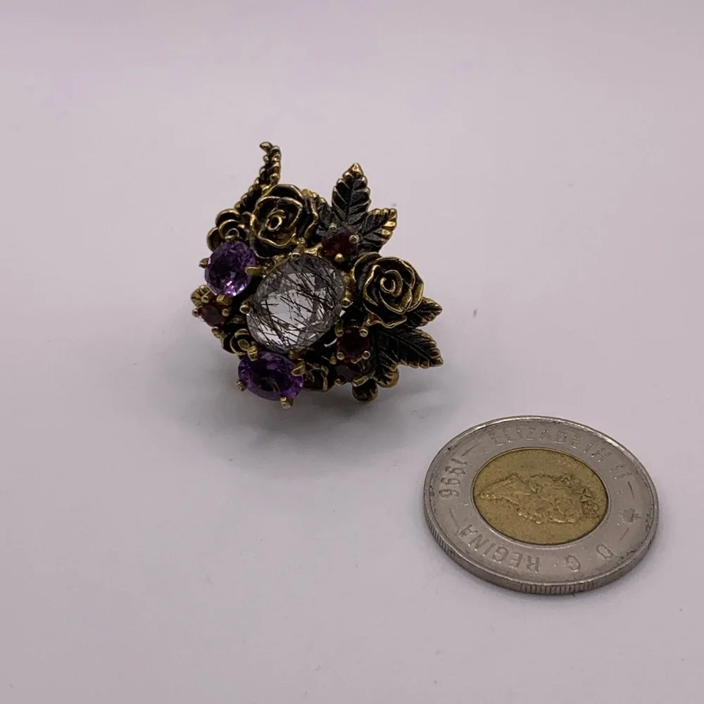 Handmade Sterling Silver Gold-Plated Rutilated Amethyst Garnet Ring" - Picture 3 of 8